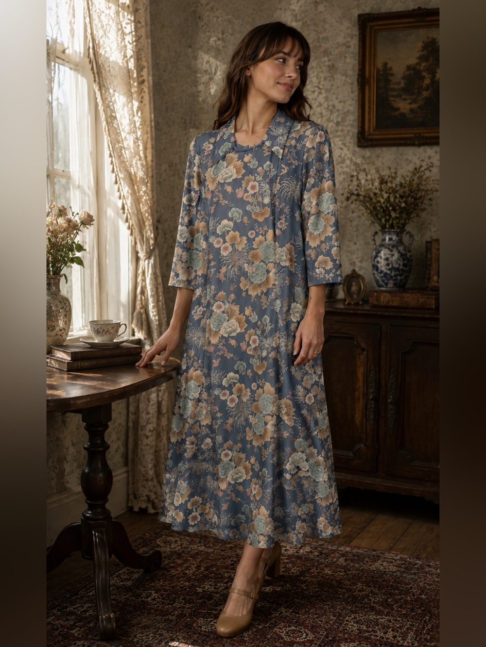 Vintage 1970s Blue Asian Floral Midi Dress Cape Collar Mod Boho Best Fit L XL
